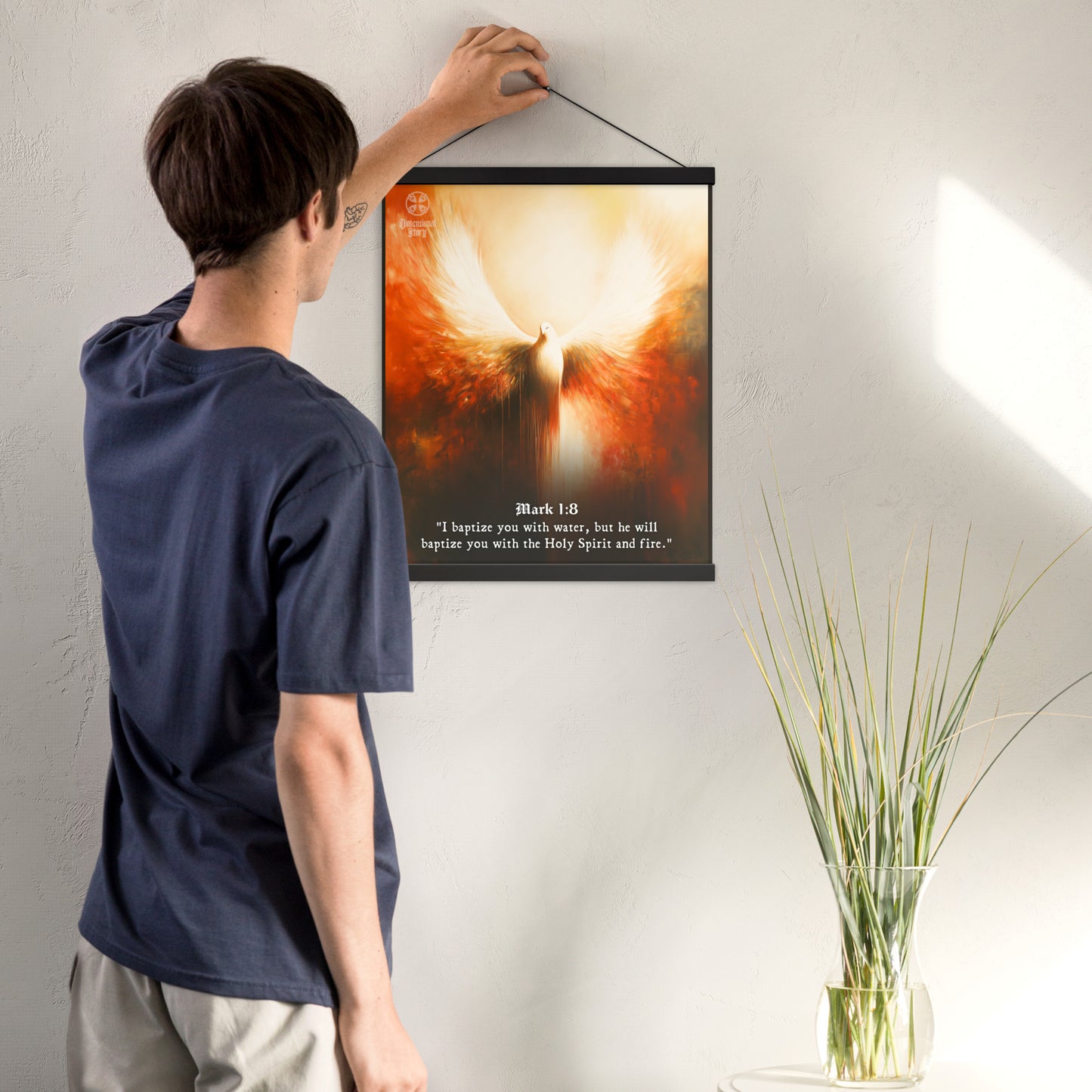 Dove Holy Spirit Wall Art - Bible Scripture Mark 1:8 Christian Quote Print - Dimensional Story