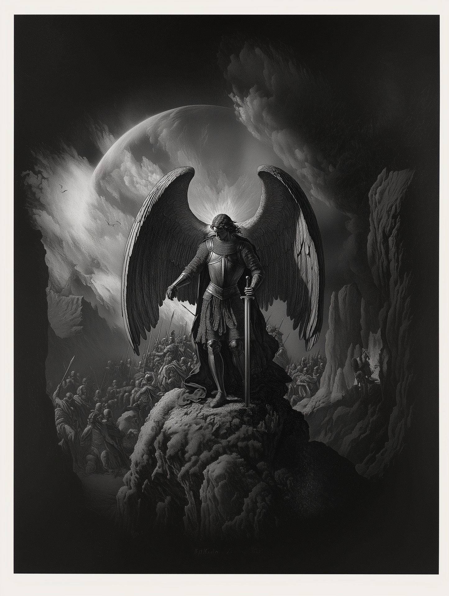 Saint Michael Archangel Warrior T-Shirt - Leading Army Against Evil with Moon Background - Christian Catholic Clothing